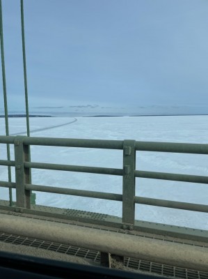 Mackinac Island, far left, from the Mackinac Bridge